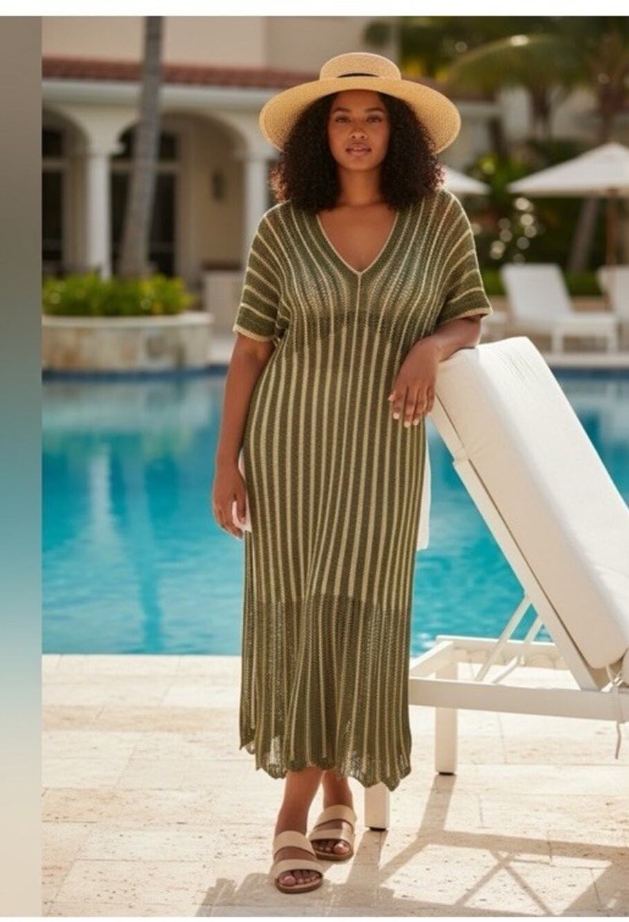 NWT Floris Italy Crochet Knit Cover Up Dress Olive Green Gold Metallic S M⁠